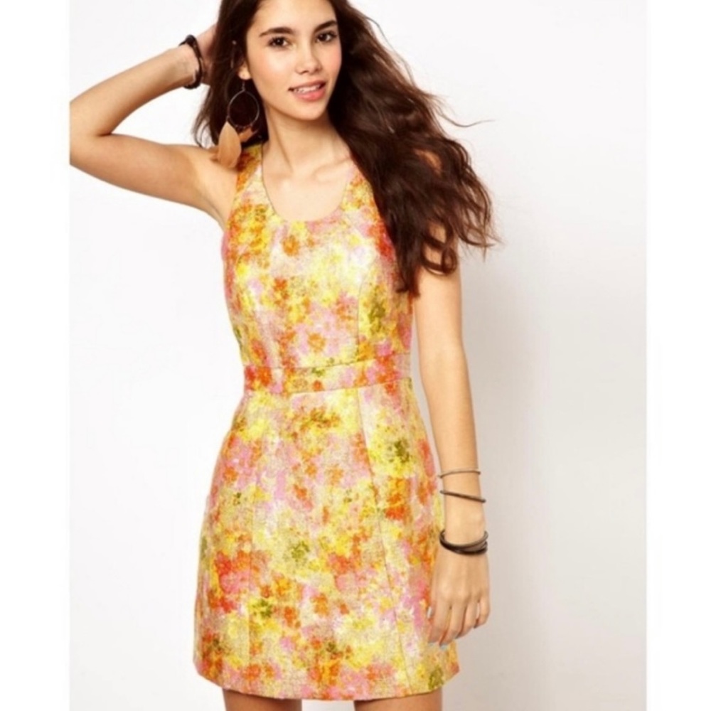 Free People Metallic Tweed Dress Floral Gold Brocade
